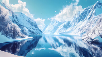 Fototapeta premium Spectacular panoramic view of a snow-covered fjord - winter landscape, generative ai. Fjord. Illustration