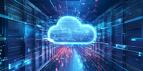 A futuristic cloud with an arrow pointing up, symbolizing the upward trend of digital transformation in business technology and data use cases Generative AI