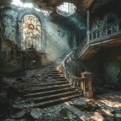 An old staircase in a decaying building featuring a beautiful stained glass window