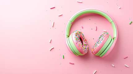 A creative headphone set designed to resemble a donut with sprinkles rests on a pastel pink background surrounded by small colorful sprinkles