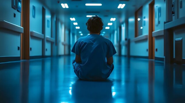 A man in a blue hospital uniform sits on the floor in a hallway - Powered by Adobe