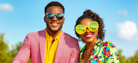 Two friends smile brightly while wearing vibrant sunglasses and stylish clothing in a sunny outdoor setting