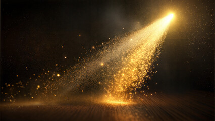 Golden spotlight beam shining brightly through dust particles on a wooden stage surface