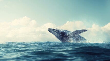 Fototapeta premium A majestic whale breaches the ocean surface under a serene sky, showcasing its powerful form against the tranquil waters.