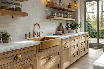 Farmhouse kitchen with gold sink, wooden cabinets, and marble countertop.