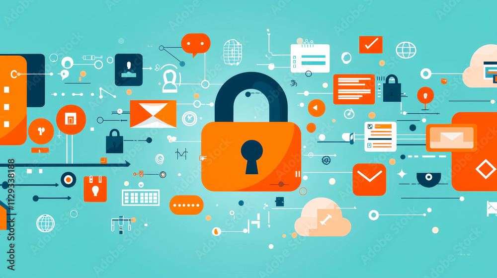 Poster a colorful design showcases a padlock surrounded by various technology icons, symbolizing online sec