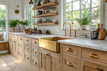 Bright kitchen with light wood cabinets, brass hardware, marble countertops, and a farmhouse sink.