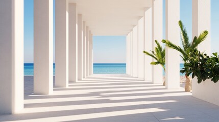 青い海を背景にした白い柱が並ぶ美しい建築空間