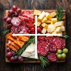 A vibrant charcuterie board featuring assorted meats, cheeses, grapes, and herbs arranged artistically on a wooden platter.