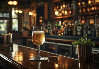 A close-up view of a chilled glass of beer on a rustic wooden bar top, surrounded by a vibrant atmosphere of bottles and warm lighting in a cozy pub setting