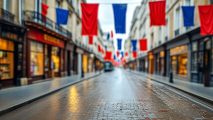 Obraz premium Empty Parisian street decorated with French flags