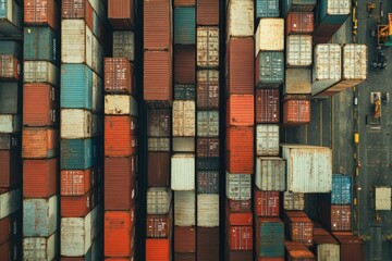 Obraz premium Colorful Cargo Containers Stacked at Port: A Glimpse into the Logistics of Shipping and Freight Operations