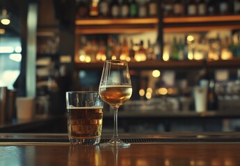 A glass of golden beer alongside a wine glass filled with sparkling white wine on a bar counter with blurred bottles in the background creating a cozy atmosphere.