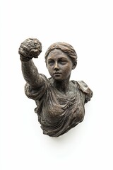 Fototapeta premium Bronze statue; woman; raised fist; draped garment; defiance.