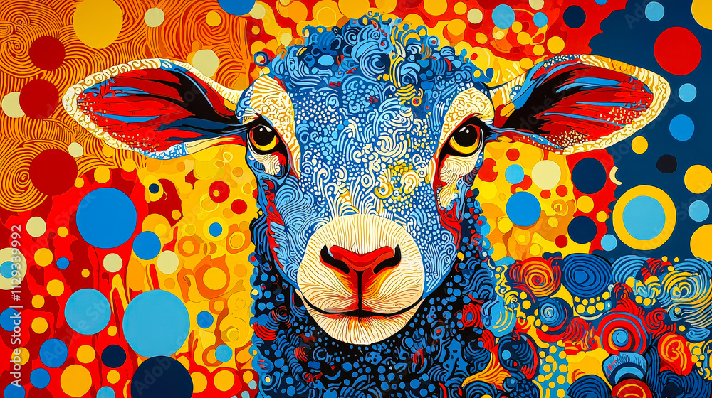 Poster a vividly designed sheep showcases intricate patterns and colors, standing out against a bright oran