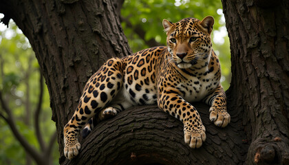 Majestic leopard resting on tree branch amidst lush greenery