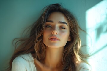 Closeup Young Woman Green Eyes Brown Hair Daylight Wall