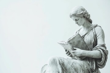 Naklejka premium Stone figure reading book, serene pose, light background.