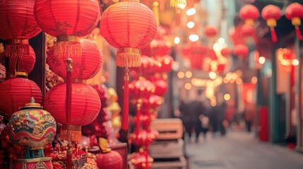 A vibrant street scene with red lanterns and decorations for Chinese New Year