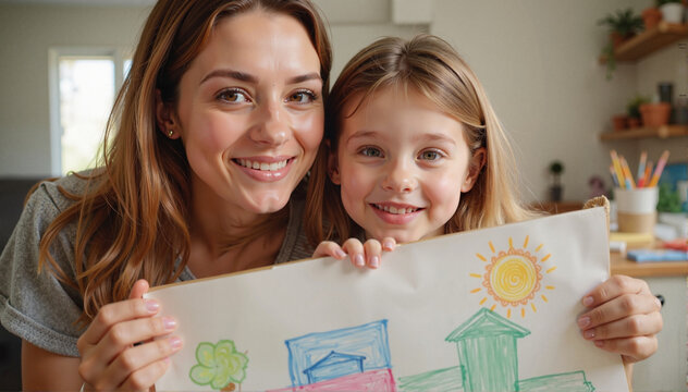 Smiling mother and daughter proudly holding a colorful drawing in a bright living room