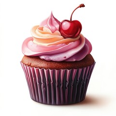 A sweet treat with pink frosting and a cherry on top, perfect for a dessert or snack