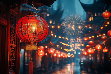 A depiction of Chinese New Year celebration with glowing red lanterns, dazzling gold accents, and colorful fireworks lighting up the night sky, symbolizing prosperity and joy.