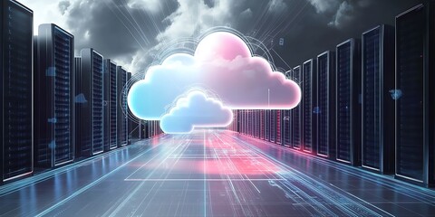 A futuristic cloud with an arrow pointing up, symbolizing the upward trend of digital transformation in business technology and data use cases Generative AI