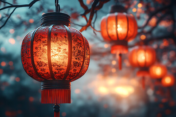 A depiction of Chinese New Year celebration with glowing red lanterns, dazzling gold accents, and colorful fireworks lighting up the night sky, symbolizing prosperity and joy.