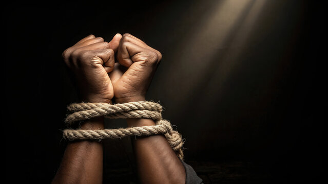 Bound hands in rope highlighting Human Trafficking Awareness. Highlights the need to combat exploitation concept. Ideal for activism and social campaigns