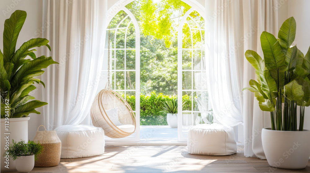 Poster sunlight streams through large windows into a serene living space filled with cozy seating, soft cus