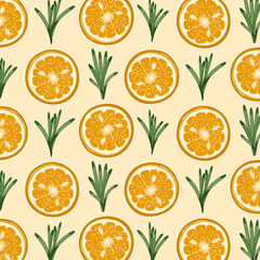 Orange slices and rosemary.Vector seamless pattern with oranges and rosemary on a colored background.