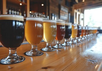 Assortment of Craft Beers in Various Colors and Styles Displayed in a Row on a Wooden Bar Counter in a Modern Brewery Setting
