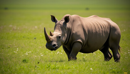 Fototapeta premium Rhino walking proudly across sunny green grassland in natural habitat