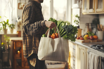 Man holding reusable bag with fresh vegetables in a cozy kitchen with natural light