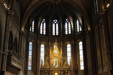 Gothic style altar and Interior of Matthias Church (Matyas-Templom), UNESCO World Heritage Site, Buda, Budapest, Hungary, Europe. Interior of Matthias
