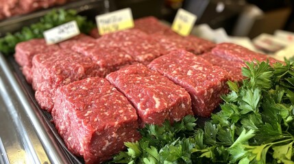 Fototapeta premium Fresh, Raw Beef Cubes Displayed at a Grocery Market