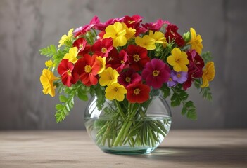 A glass vase filled with a colorful mix of primroses and greenery, garden centerpieces , glass vase