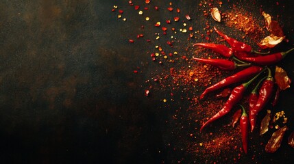 Vibrant Red Chili Peppers and Spices on Dark Background