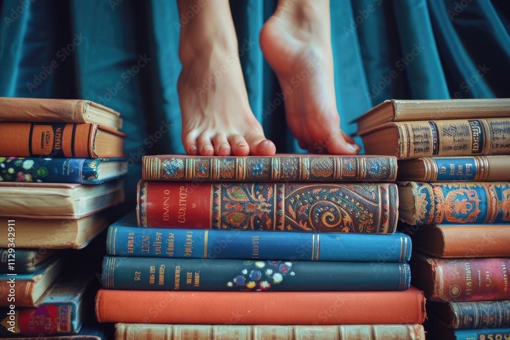 Poster a person stands on top of a pile of books, surrounded by learning and knowledge