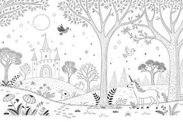 Obraz premium unicorn in the magic forest coloring page