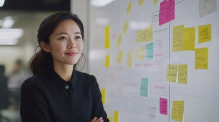 Thoughtful Businesswoman in Meeting, Planning Strategy on Whiteboard