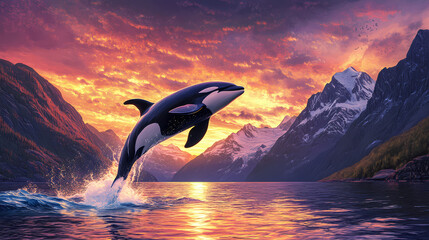 Fototapeta premium Orca leaping from ocean at sunset, creating dramatic splashes, with a stunning fjord backdrop featuring majestic mountains and vibrant sky hues. Fjord. Illustration