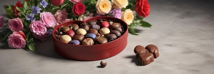 A heart-shaped box with chocolates and flowers, sweet indulgence, romantic treat