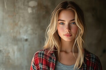 Naklejka premium Freckled Model Portrait Natural Light Simple Background