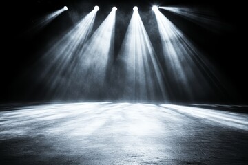 Four spotlights illuminate a smoky, dark stage.