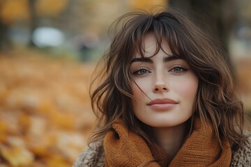 Naklejka premium Freckled Woman Autumn Portrait Peaceful Warm Daylight