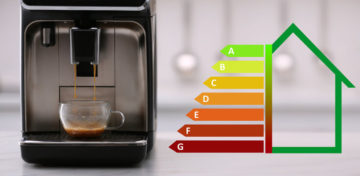 Energy efficiency rating of home appliances. Electric espresso machine making coffee on white countertop in kitchen, banner design