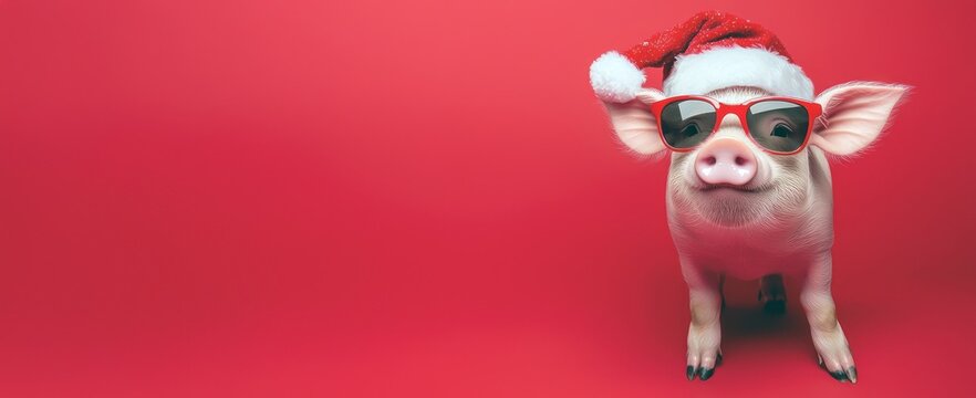 Un porcelet amusant portant un bonnet de P&egrave;re No&euml;l et des lunettes de soleil, isol&eacute; sur un fond rouge, concept pour repas de No&euml;l et du nouvel an, image avec espace pour texte.