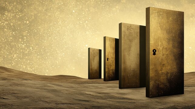 Four mysterious doors stand on a barren landscape under a starry golden sky, AI