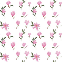 Flower Watercolor Seamless Pattern.Pink magnolia. Collection magnolia flowers on an isolated white background, watercolor floral design elements. Floral illustration for textile design  